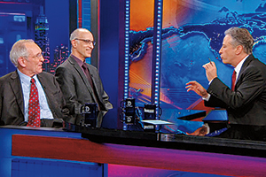 Benjamin Page (below left) with Martin Gilens (center) on “The Daily Show with Jon Stewart.” 