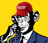 A cartoon chimp wearing a MAGA hat in a suit