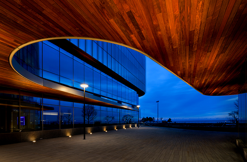 exterior shot of the global hub in the evening