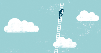 illustration of a person climbing a ladder into clouds