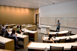 Economics classroom:  A spacious classroom on the ground floor is earmarked for courses in economics. Like all of the building’s 15 classrooms, it features state-of-the-art audiovisual equipment, including the ability to capture and broadcast lectures over the internet.