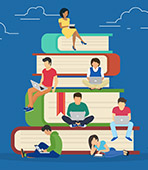 illustration of students sitting on a pile of books